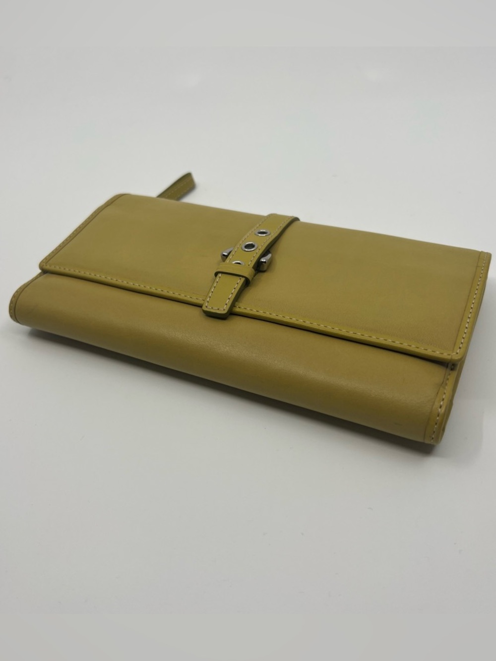 Vintage Coach Soho buckle exterior leather trifold wallet checkbook chartreuse
